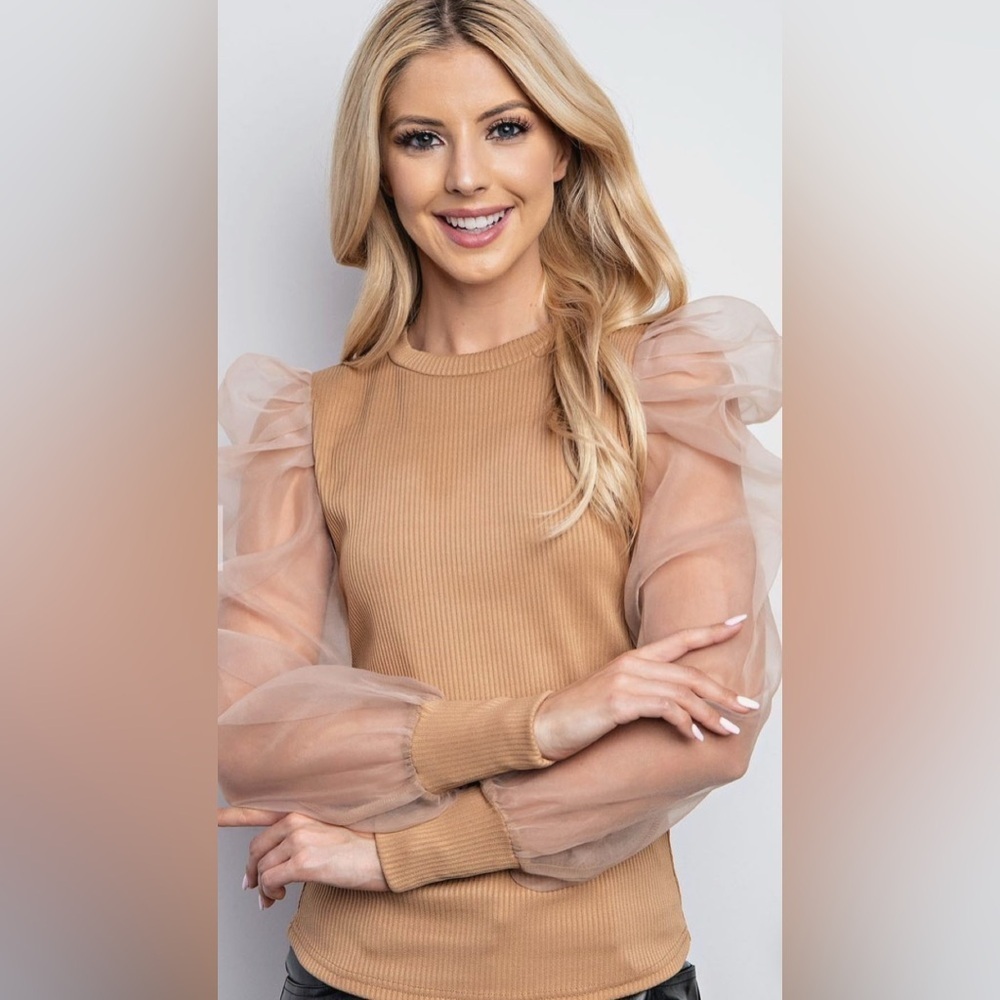 Peach Love Tan Organza Puff Sleeve Top